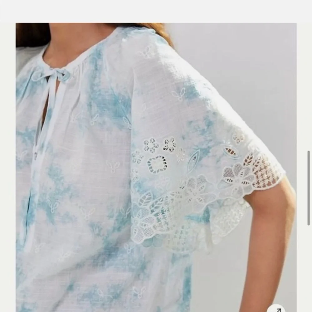 Anthropologie Embroidered Tie Dye Eyelet Lace Boho Puff‎ Sleeve Blouse